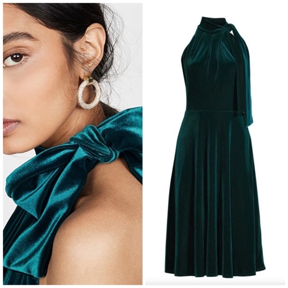 Black Halo Velvet Midi Dress XS Green Halter Bow Romantic Formal NWT